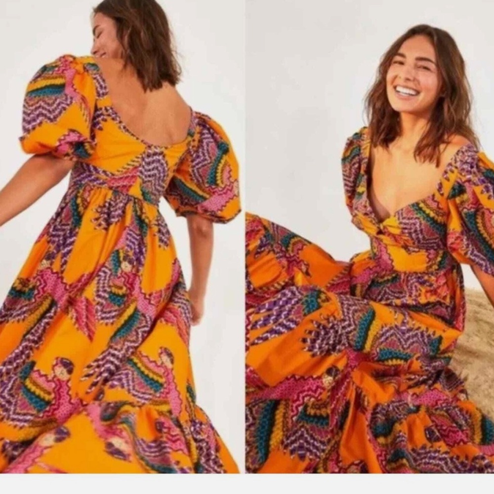 SOLD This is a Farm Rio Beaded Macaws puff-sleeve cotton midi dress.